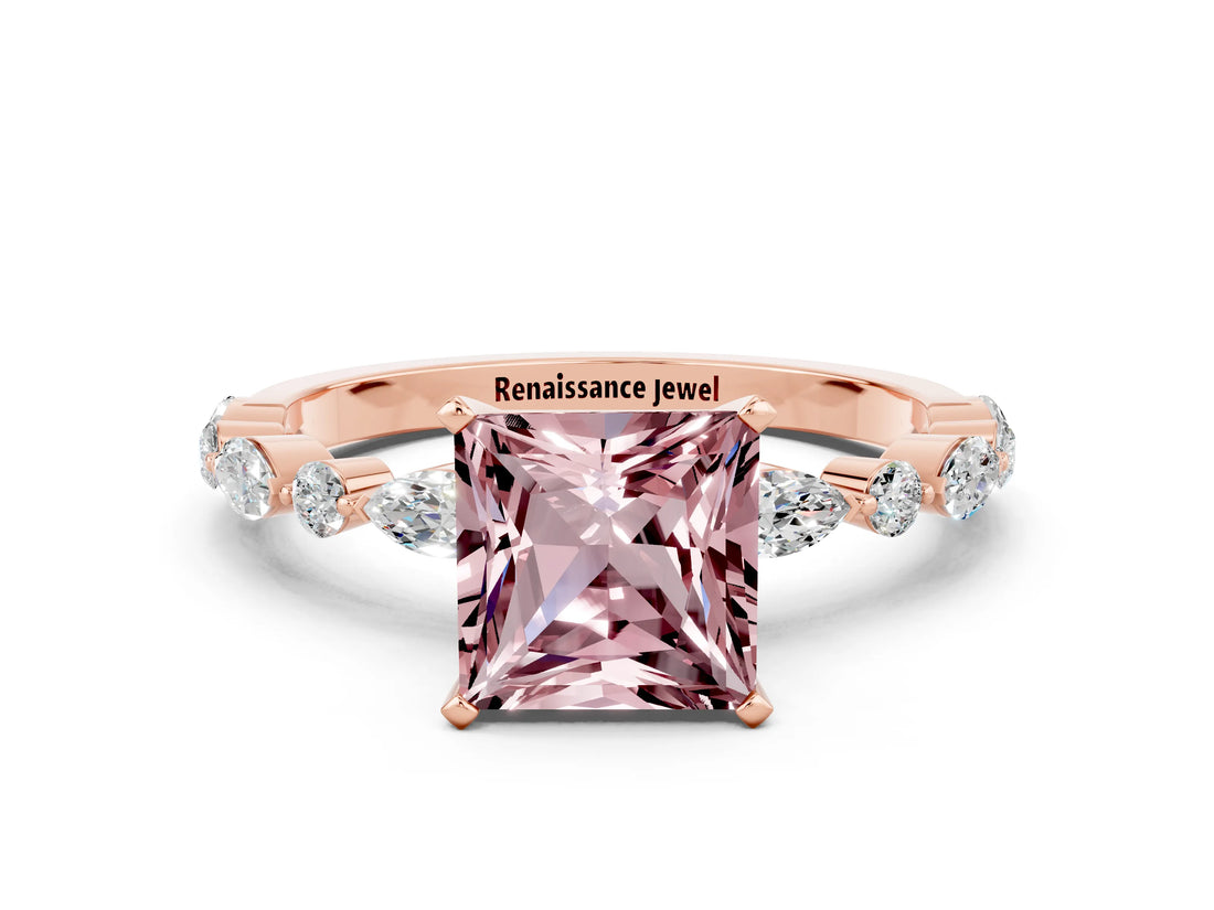Rose gold Princess Cut Morganite Solitaire with Side Stones on a Pavé Band and Four-Prong Setting