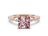 Rose gold Princess Cut Morganite Solitaire with Side Stones on a Pavé Band and Four-Prong Setting