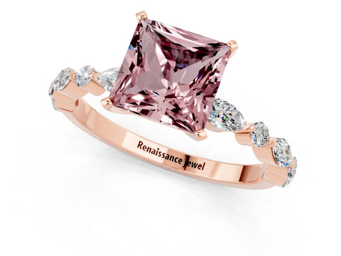 Rose gold Princess Cut Morganite Solitaire with Side Stones on a Pavé Band and Four-Prong Setting_1