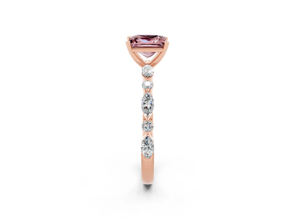 Rose gold Princess Cut Morganite Ring with Marquise and Round  Side Stones and Four-Prong Setting