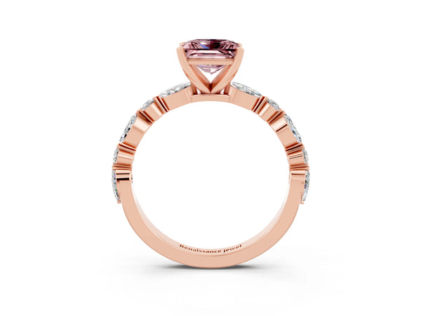 Rose gold Princess Cut Morganite Ring with Marquise and Round  Side Stones and Four-Prong Setting