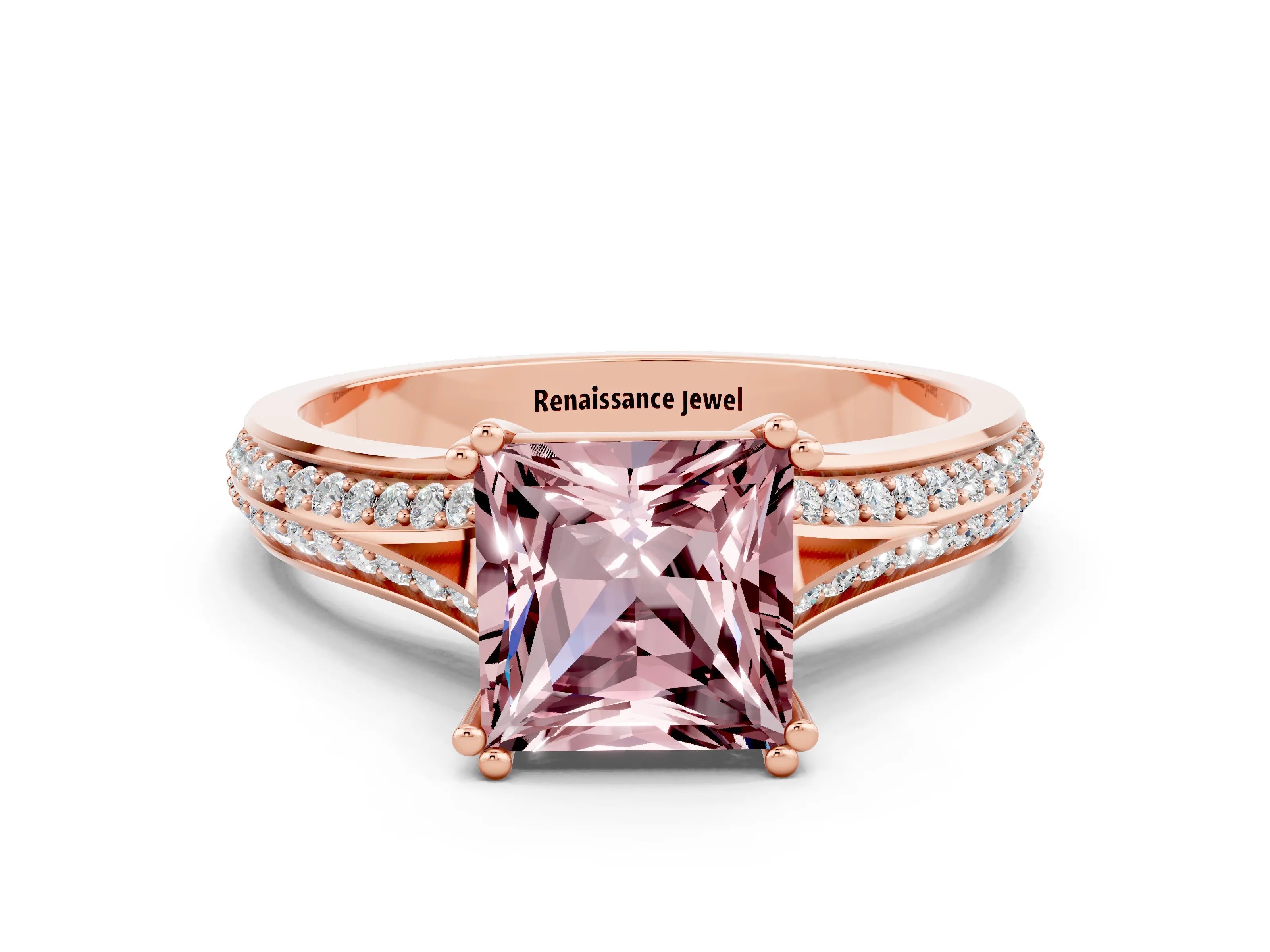 Rose gold Princess Cut Morganite Split Shank Engagement Ring with Pavé Band