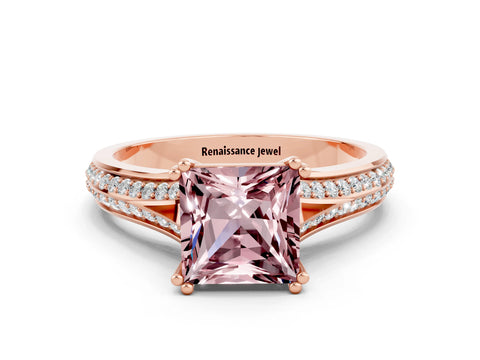 Rose gold Princess Cut Morganite Split Shank Engagement Ring with Pavé Band