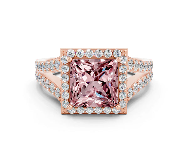 Rose gold Princess Cut Morganite Split Shank Halo Ring with Four-Prong Setting