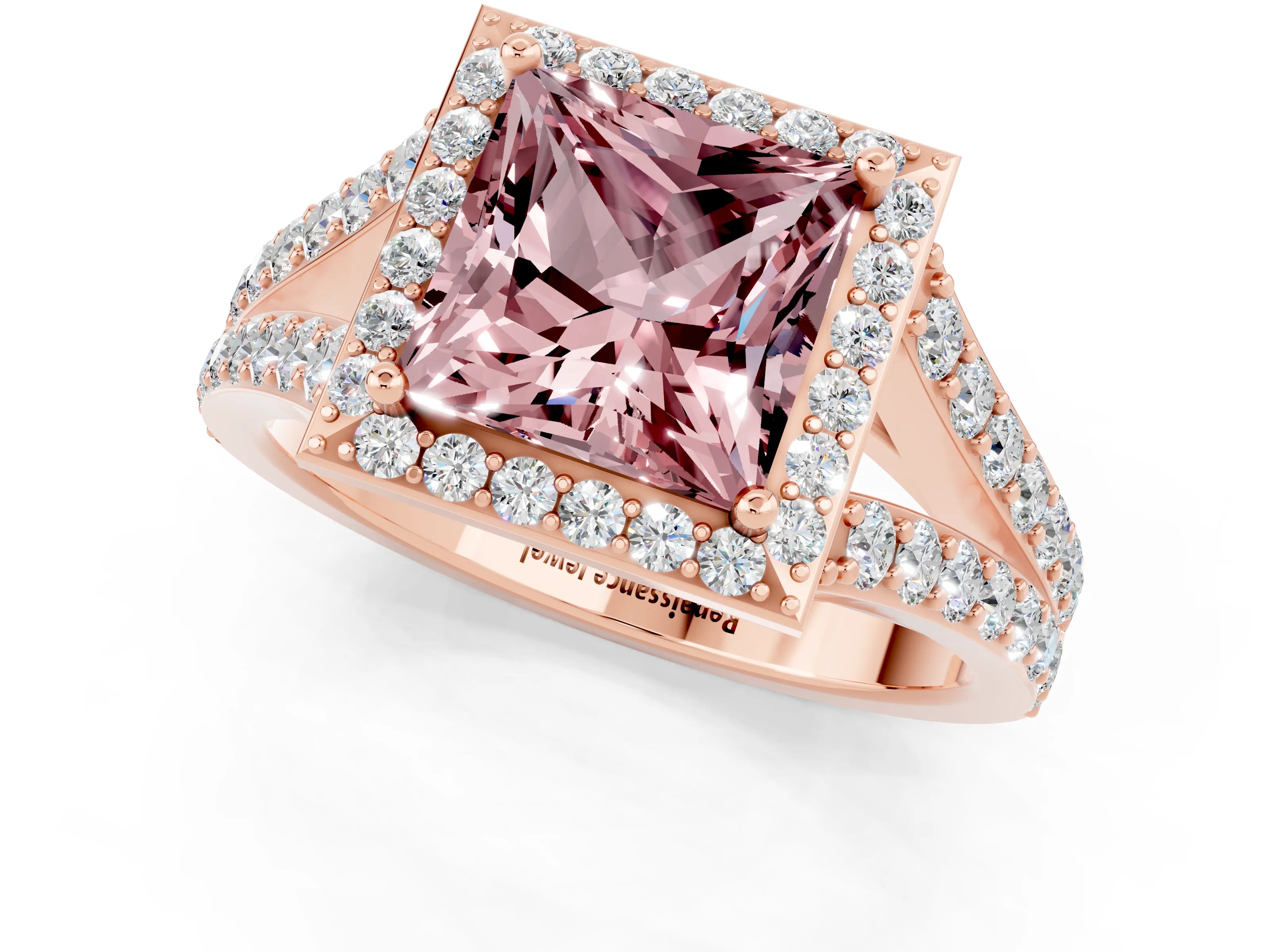 Rose gold Princess Cut Morganite Split Shank Halo Ring with Four-Prong Setting_13