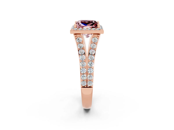 Rose gold Princess Cut Morganite Split Shank Halo Ring with Four-Prong Setting