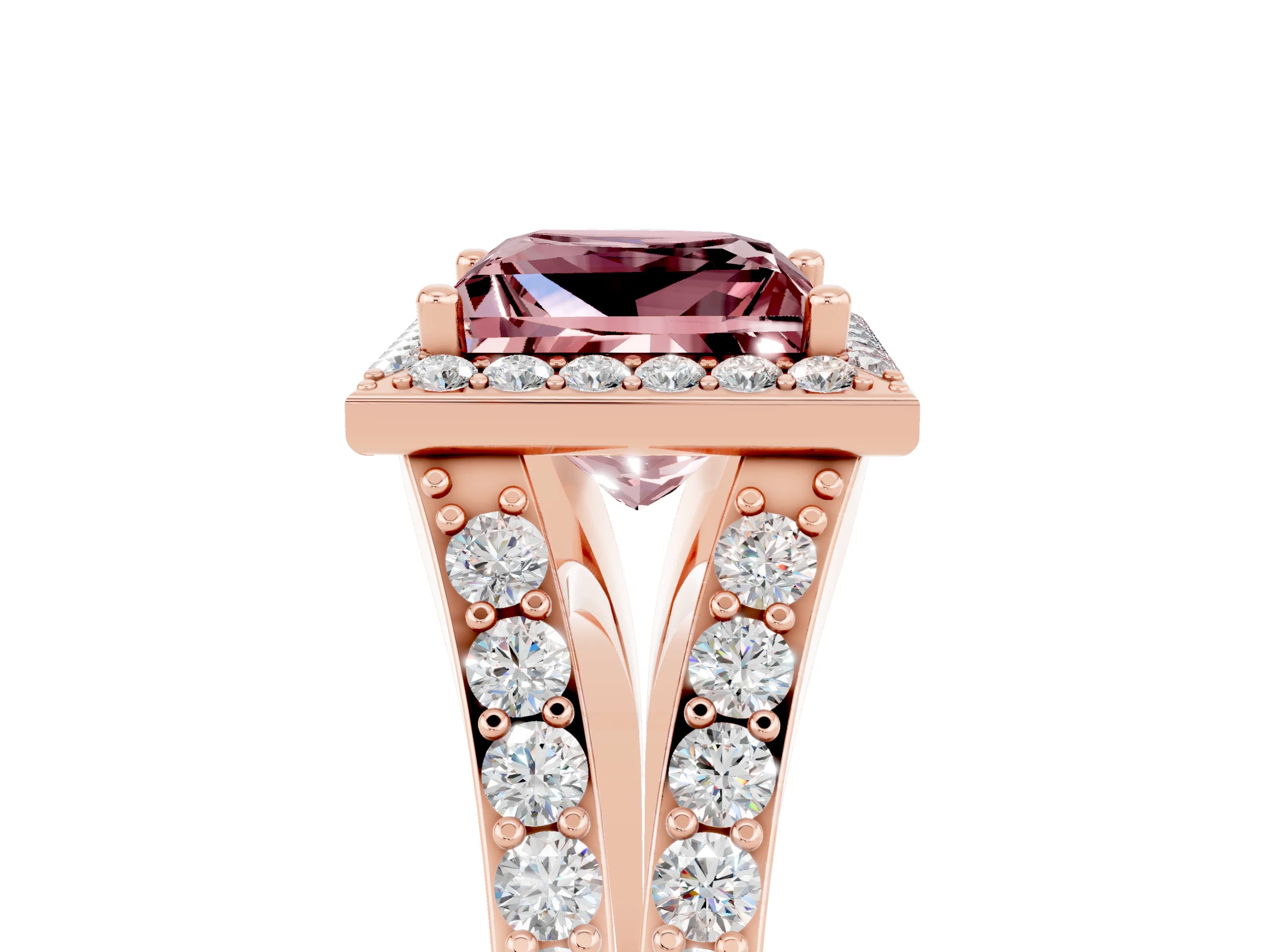 Rose gold Princess Cut Morganite Split Shank Halo Ring with Four-Prong Setting_17