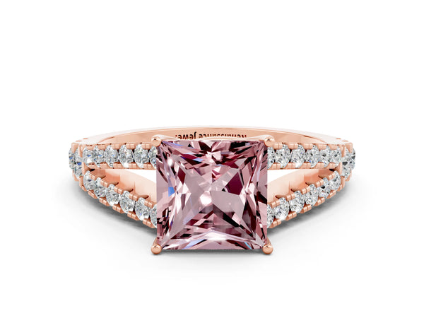 Rose gold Princess Cut Morganite Split Shank Pavé Engagement Ring with Four-Prong Setting