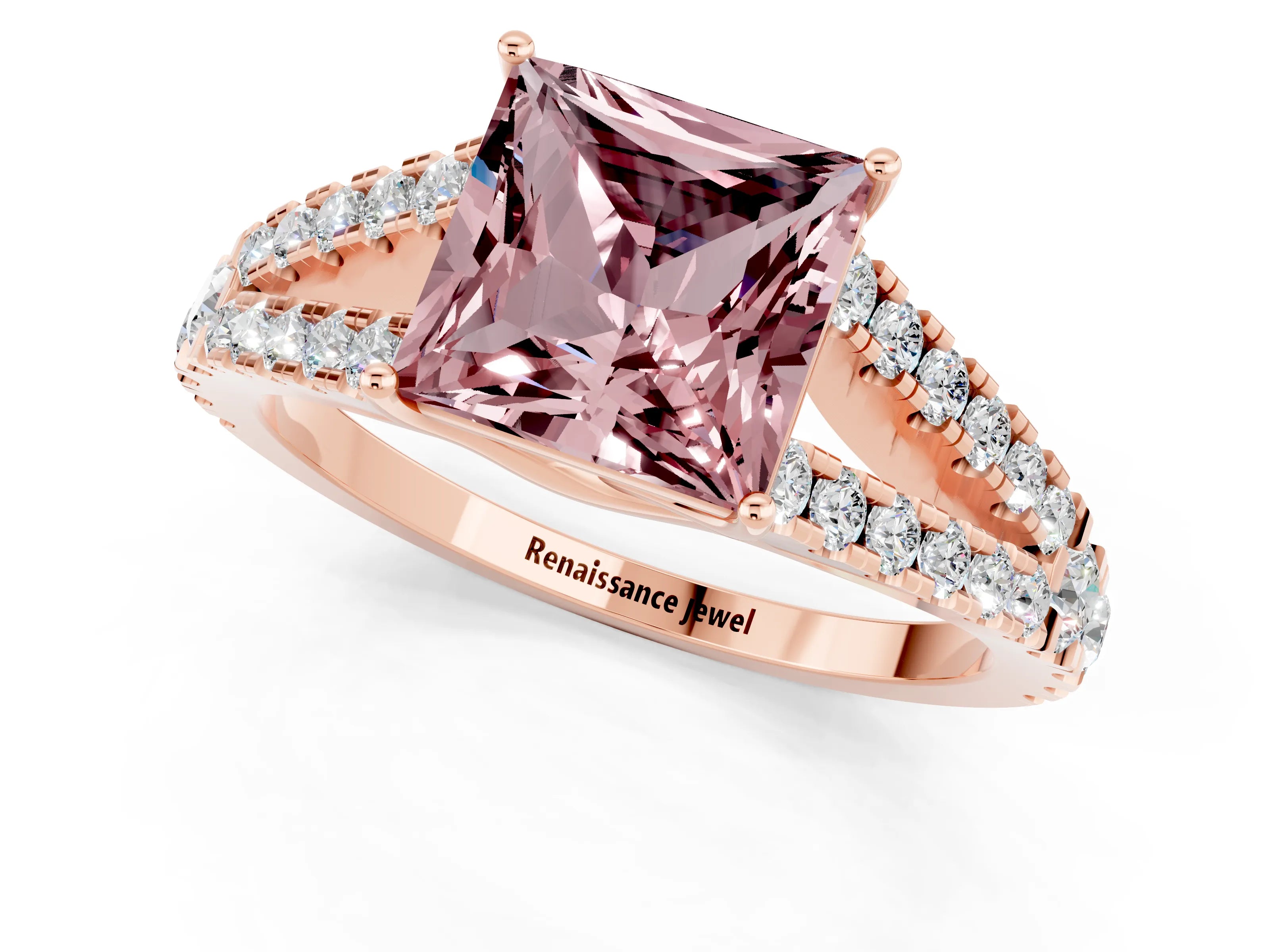 Rose gold Princess Cut Morganite Split Shank Pavé Engagement Ring with Four-Prong Setting_13