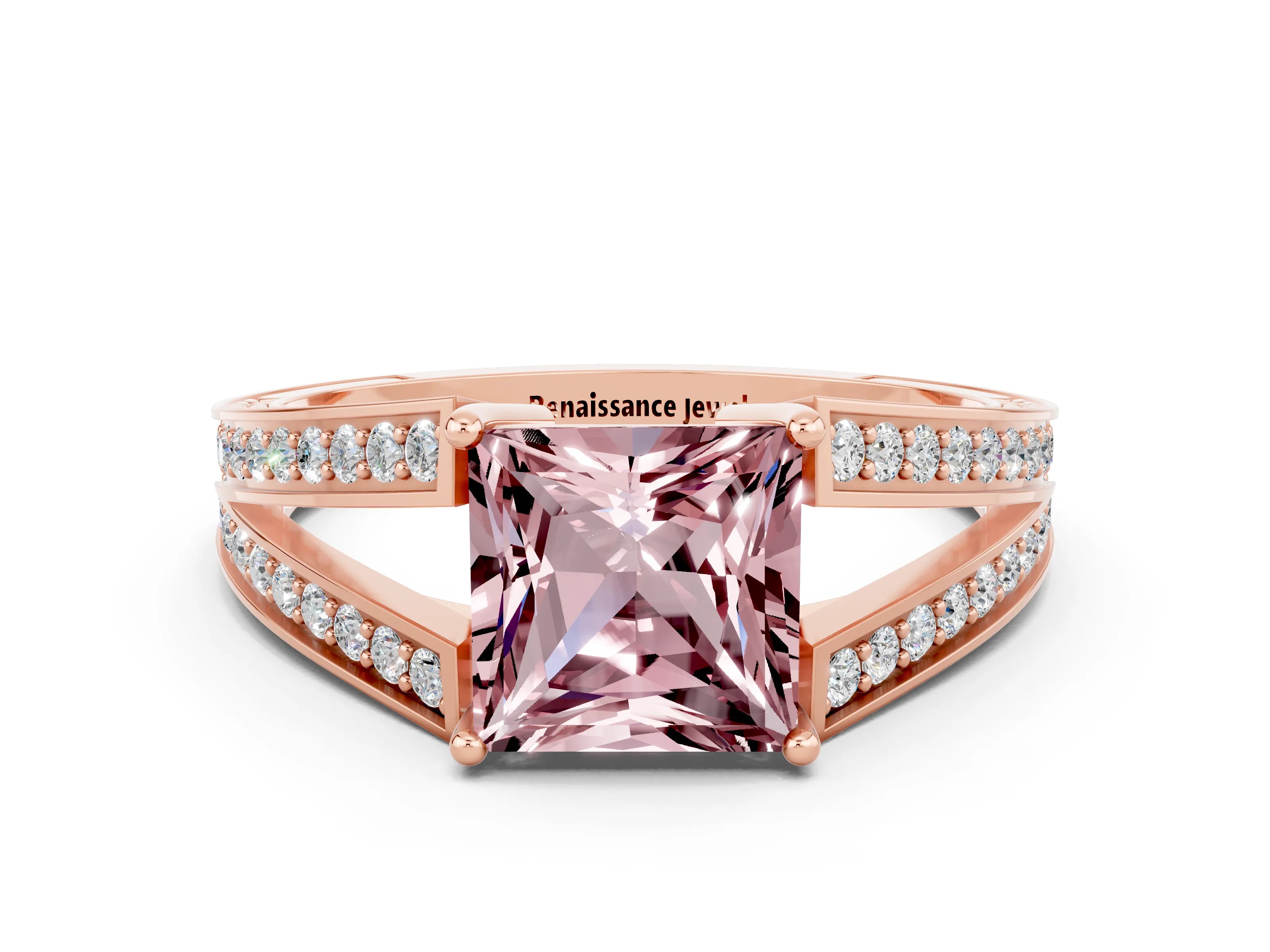 Rose gold Princess Cut Morganite Split Shank Ring with Pavé Band and Four-Prong Setting