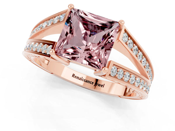 Rose gold Princess Cut Morganite Split Shank Ring with Pavé Band and Four-Prong Setting
