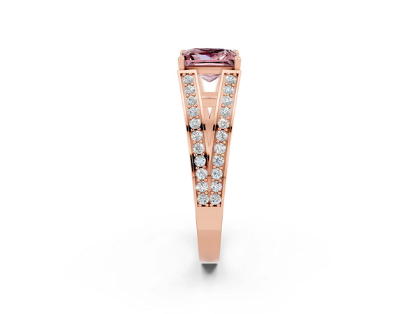 Rose gold Princess Cut Morganite Split Shank Ring with Pavé Band and Four-Prong Setting