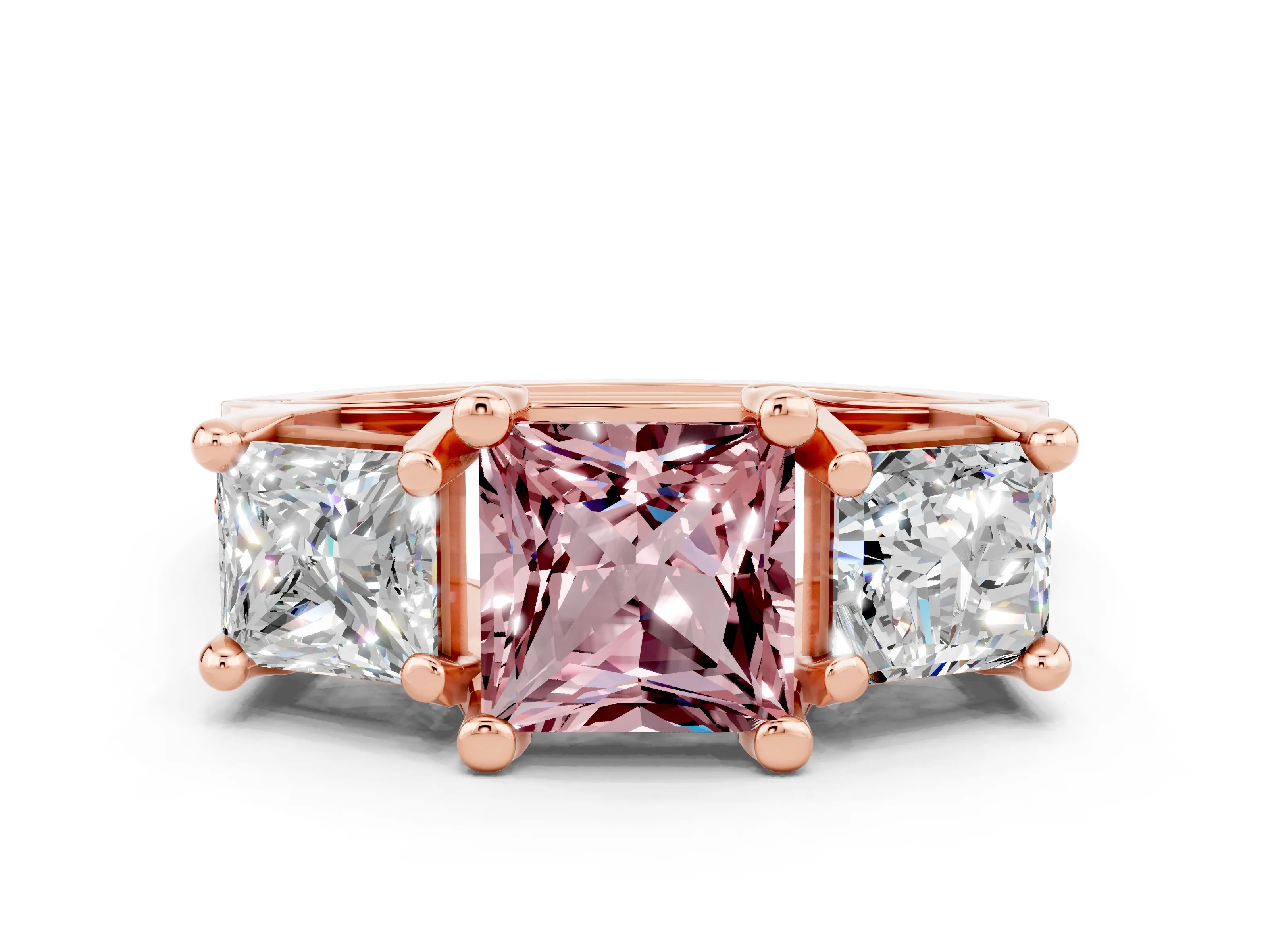 Rose gold Princess Cut Morganite Three-Stone Ring with Channel Set Band and Four-Prong Setting