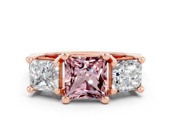 Rose gold Princess Cut Morganite Three-Stone Ring with Channel Set Band and Four-Prong Setting