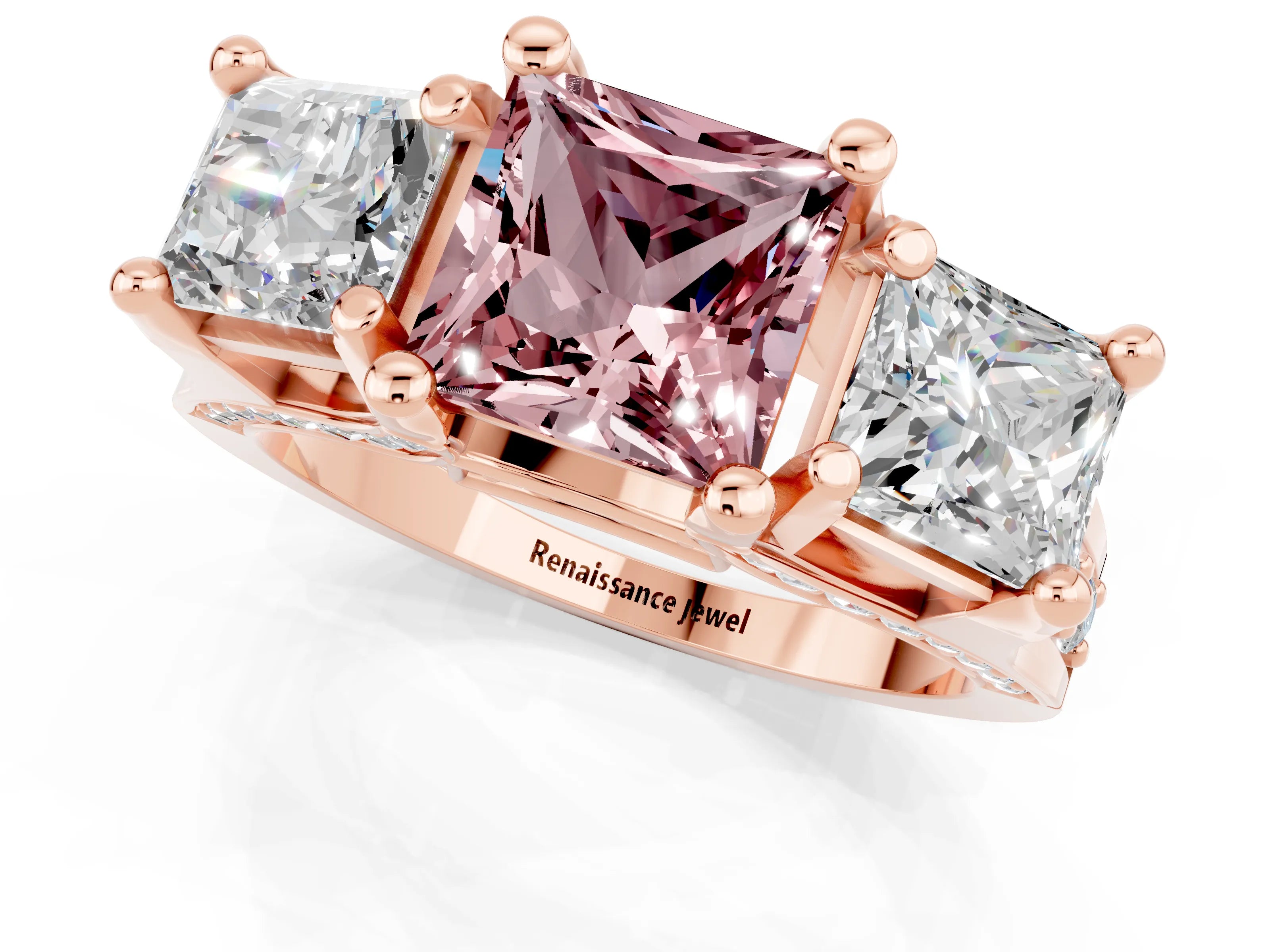 Rose gold Princess Cut Morganite Three-Stone Ring with Channel Set Band and Four-Prong Setting_1