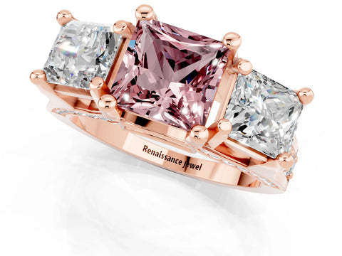 Rose gold Princess Cut Morganite Three-Stone Ring with Channel Set Band and Four-Prong Setting_1