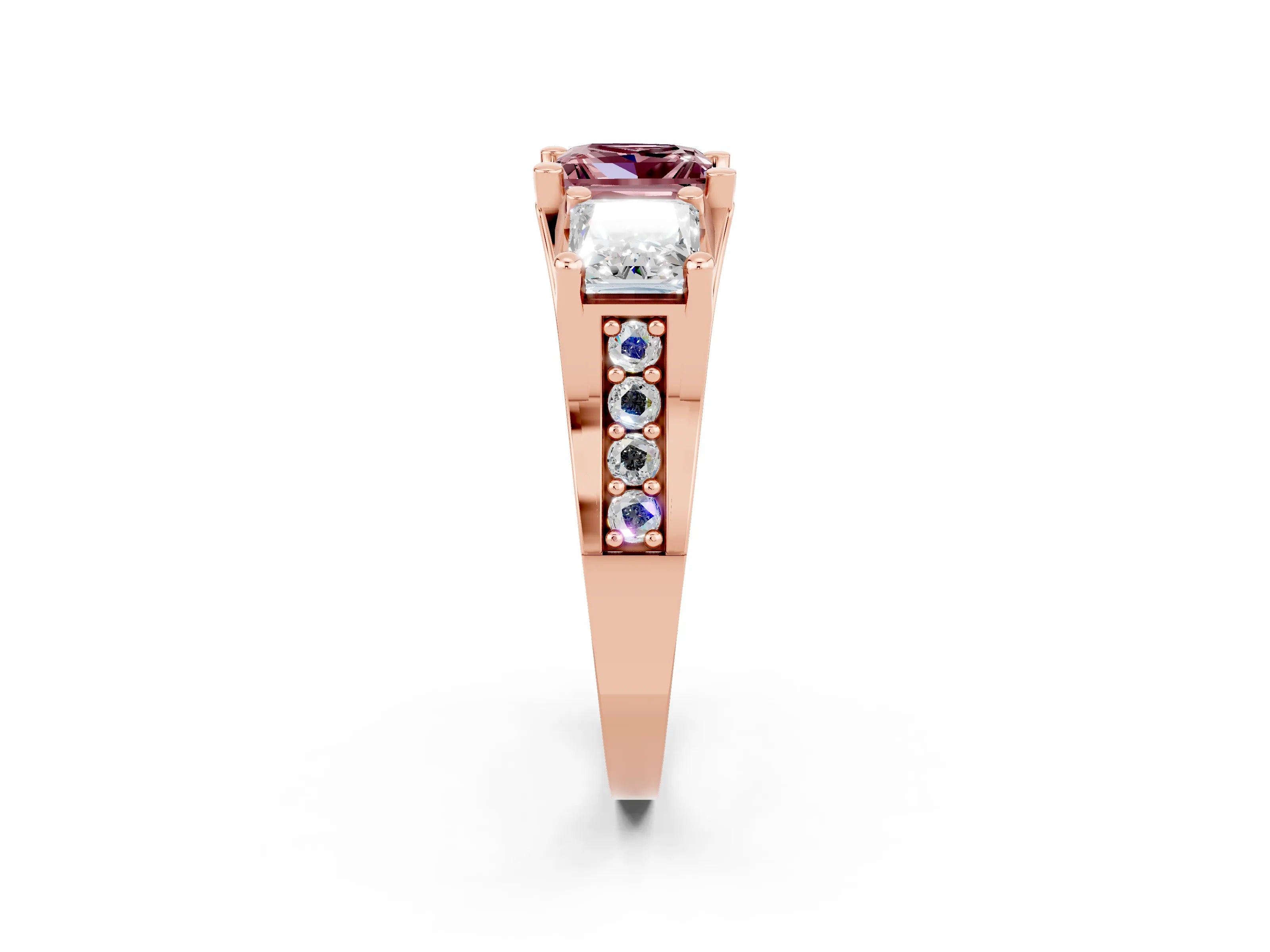 Rose gold Princess Cut Morganite Three-Stone Ring with Channel Set Band and Four-Prong Setting_2