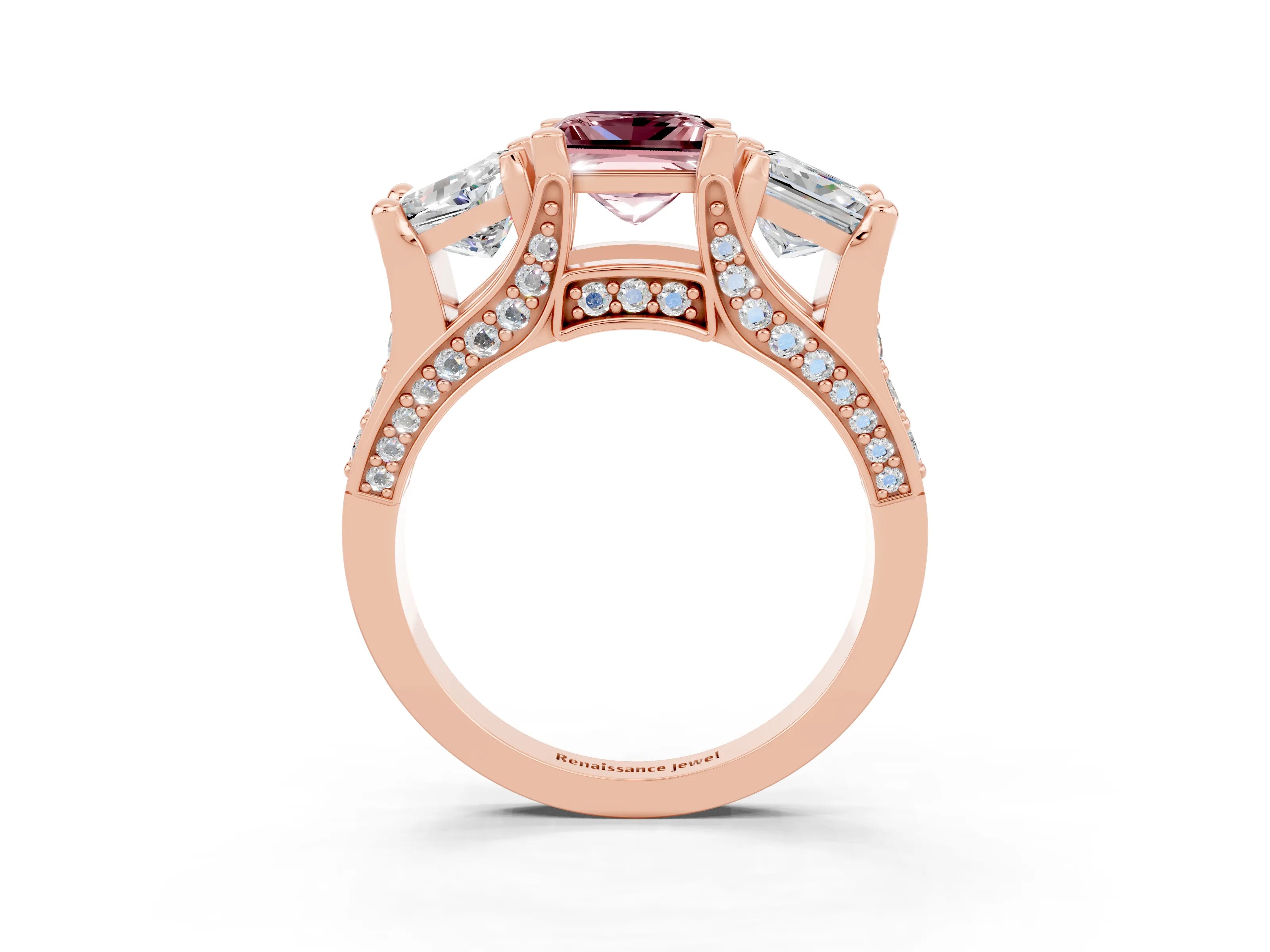 Rose gold Princess Cut Morganite Three-Stone Ring with Channel Set Band and Four-Prong Setting_3