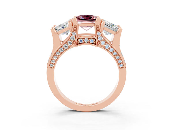 Rose gold Princess Cut Morganite Three-Stone Ring with Channel Set Band and Four-Prong Setting