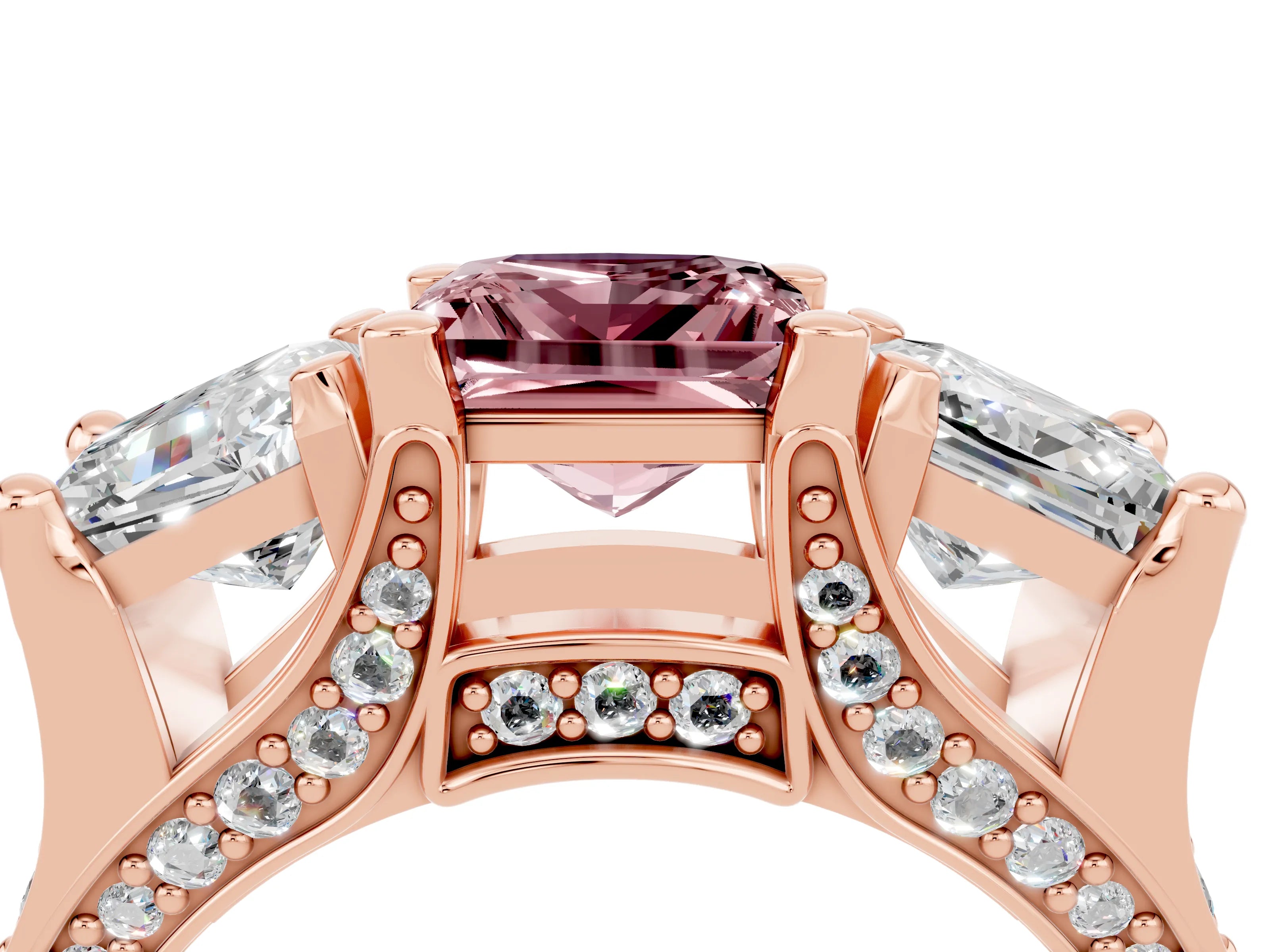 Rose gold Princess Cut Morganite Three-Stone Ring with Channel Set Band and Four-Prong Setting_4