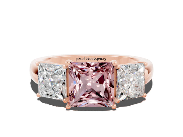 Rose gold Princess Cut Morganite Three-Stone Ring with Four-Prong Setting and Classic Band