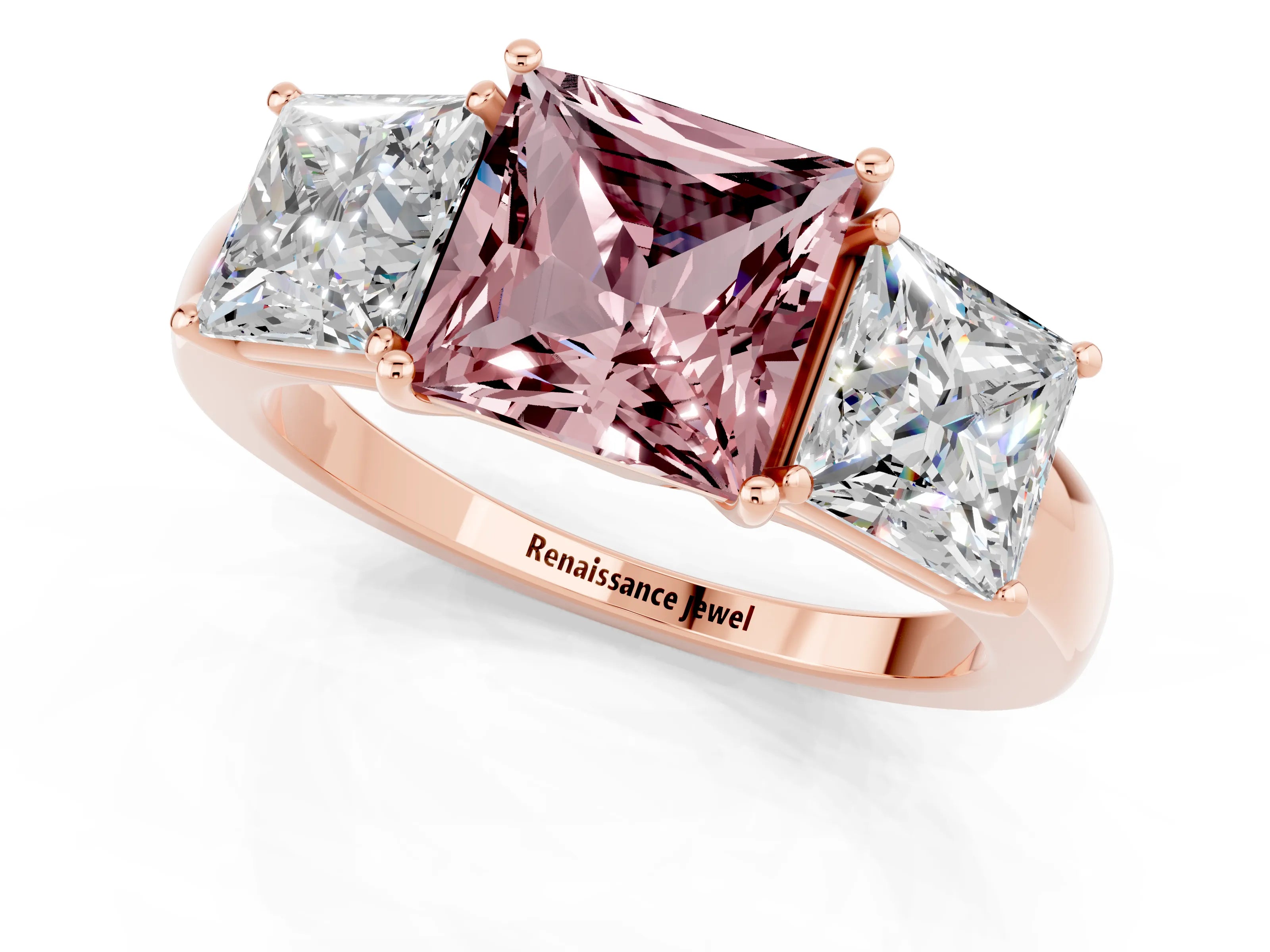 Rose gold Princess Cut Morganite Three-Stone Ring with Four-Prong Setting and Classic Band_1
