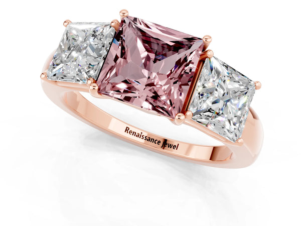 Rose gold Princess Cut Morganite Three-Stone Ring with Four-Prong Setting and Classic Band