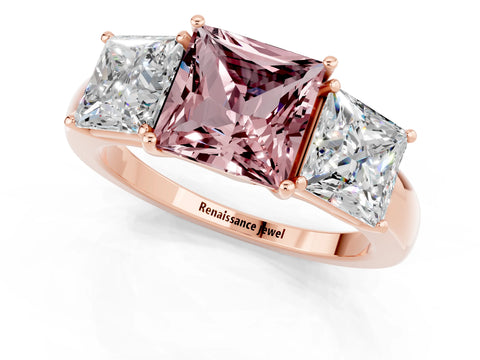Rose gold Princess Cut Morganite Three-Stone Ring with Four-Prong Setting and Classic Band_1
