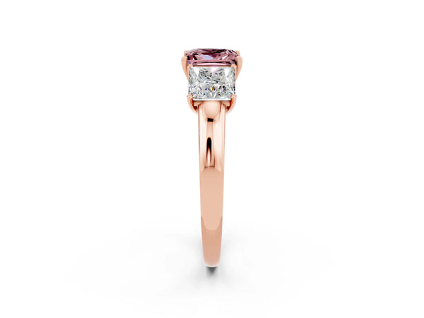 Rose gold Princess Cut Morganite Three-Stone Ring with Four-Prong Setting and Classic Band