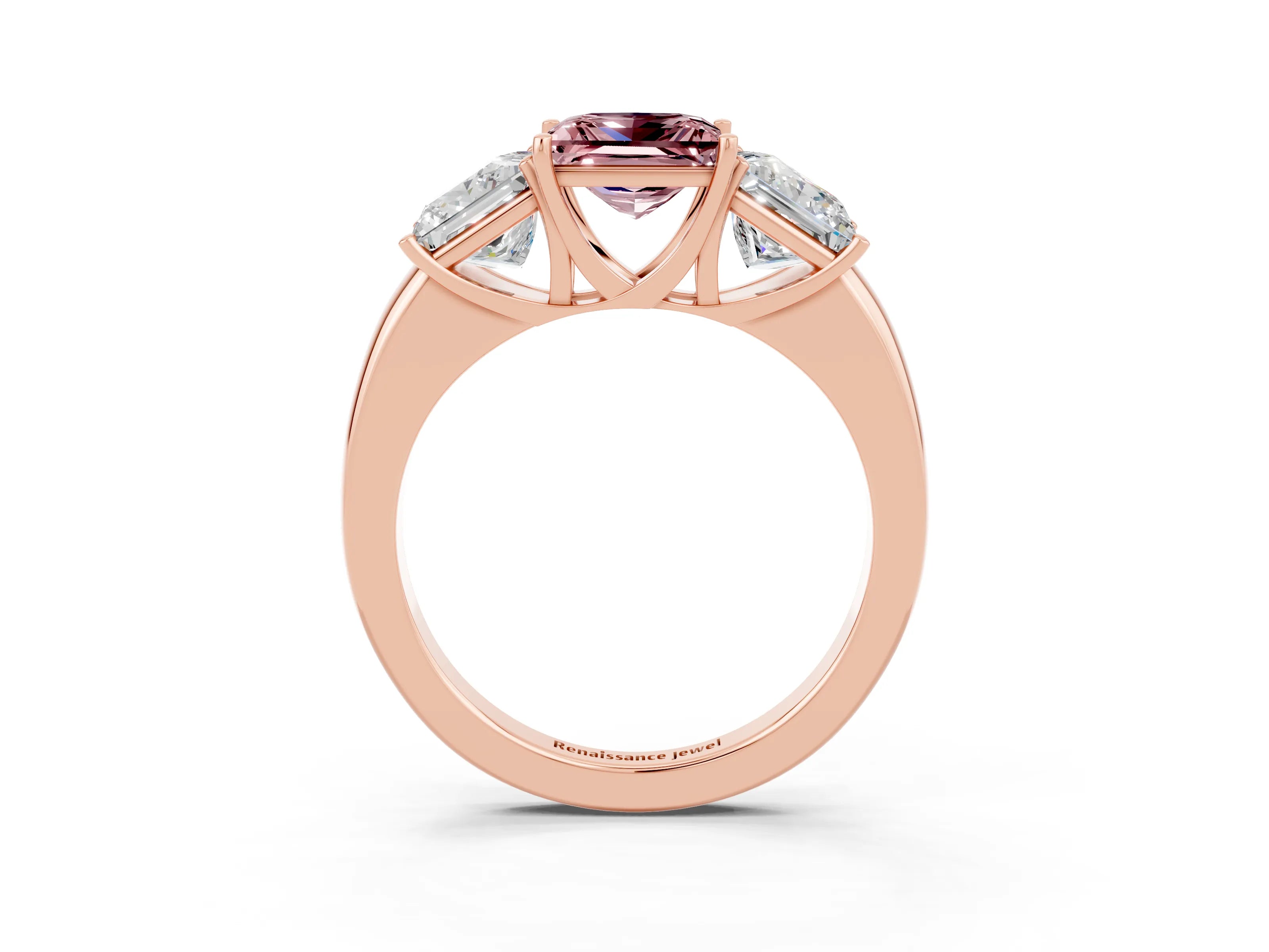 Rose gold Princess Cut Morganite Three-Stone Ring with Four-Prong Setting and Classic Band_3
