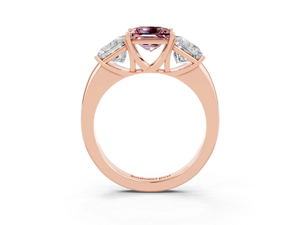 Rose gold Princess Cut Morganite Three-Stone Ring with Four-Prong Setting and Classic Band