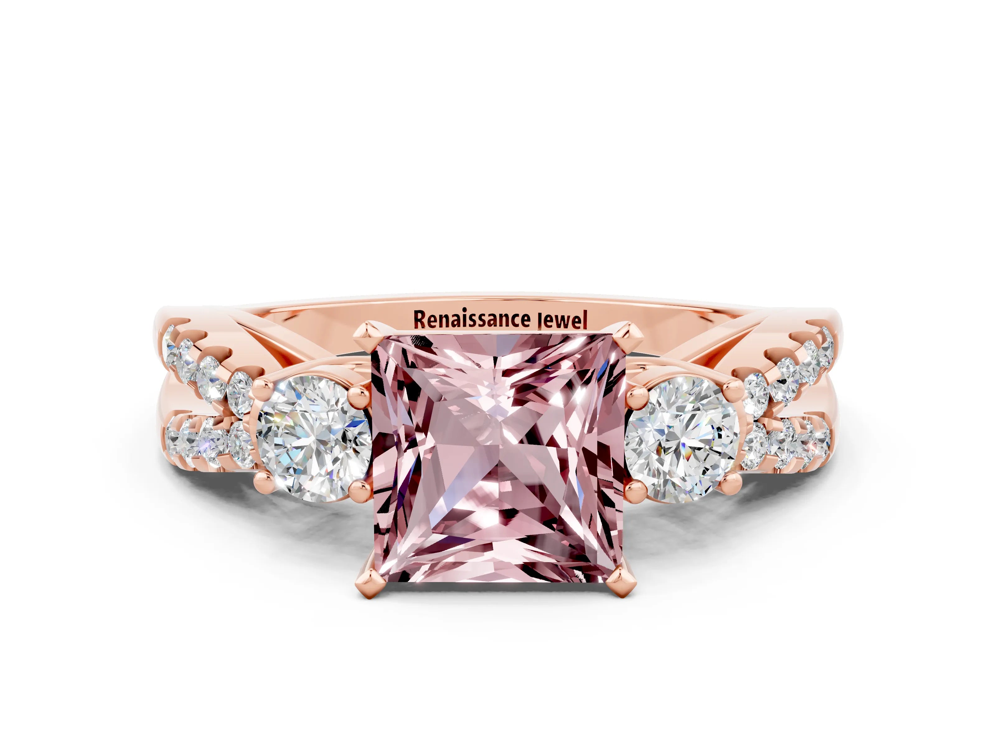 Rose gold Princess Cut Morganite Three-Stone Ring with Pavé Split Shank and Four-Prong Setting