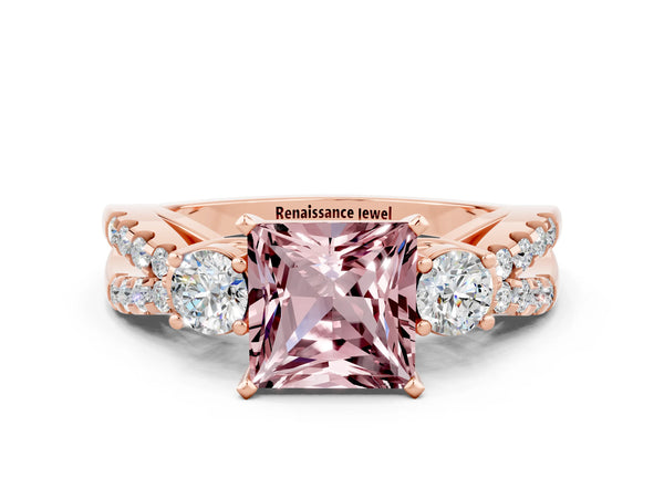 Rose gold Princess Cut Morganite Three-Stone Ring with Pavé Split Shank and Four-Prong Setting
