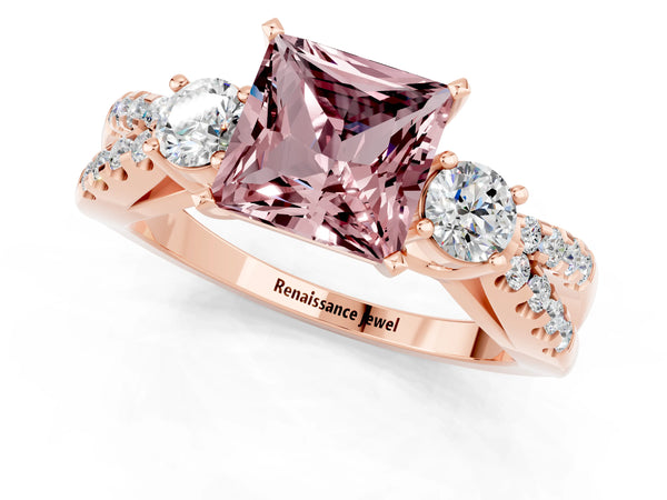 Rose gold Princess Cut Morganite Three-Stone Ring with Pavé Split Shank and Four-Prong Setting