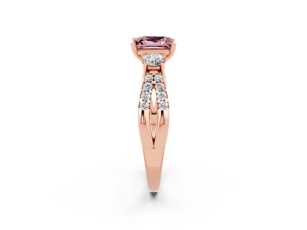 Rose gold Princess Cut Morganite Three-Stone Ring with Pavé Split Shank and Four-Prong Setting