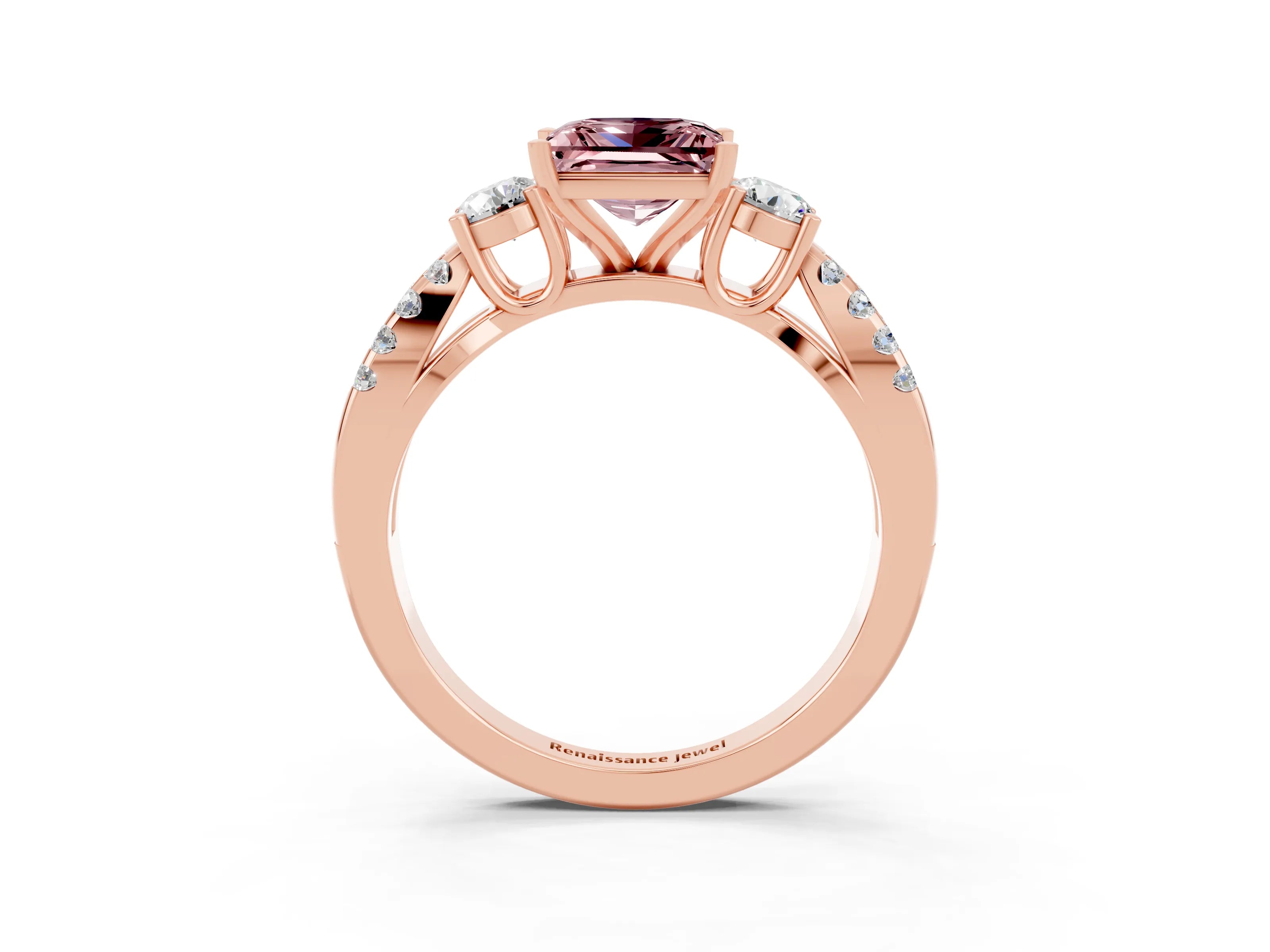 Rose gold Princess Cut Morganite Three-Stone Ring with Pavé Split Shank and Four-Prong Setting_3