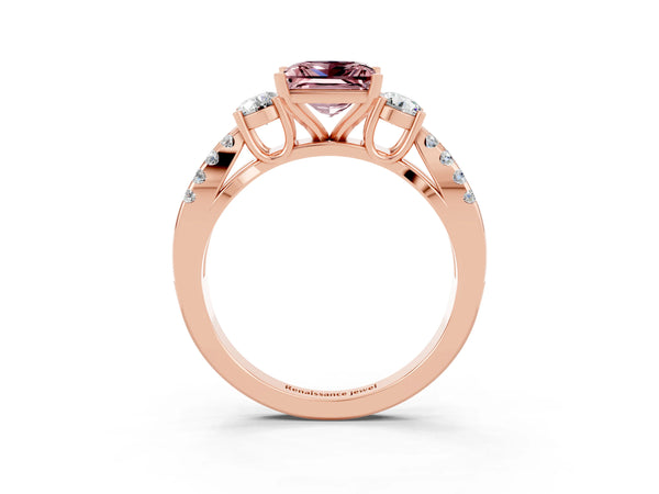 Rose gold Princess Cut Morganite Three-Stone Ring with Pavé Split Shank and Four-Prong Setting