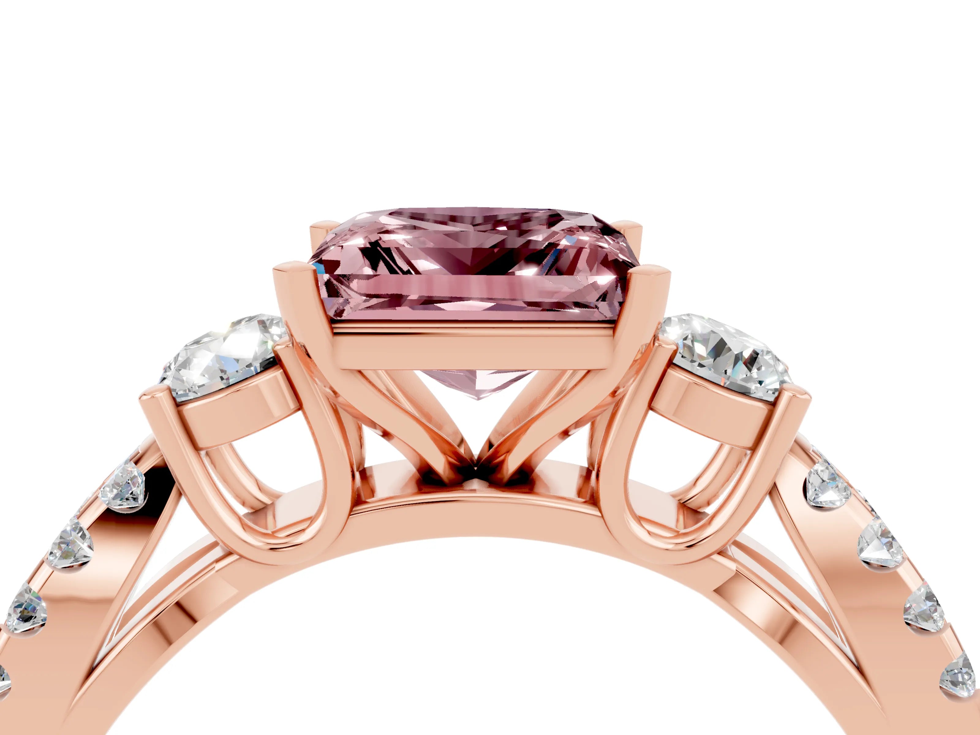 Rose gold Princess Cut Morganite Three-Stone Ring with Pavé Split Shank and Four-Prong Setting_4