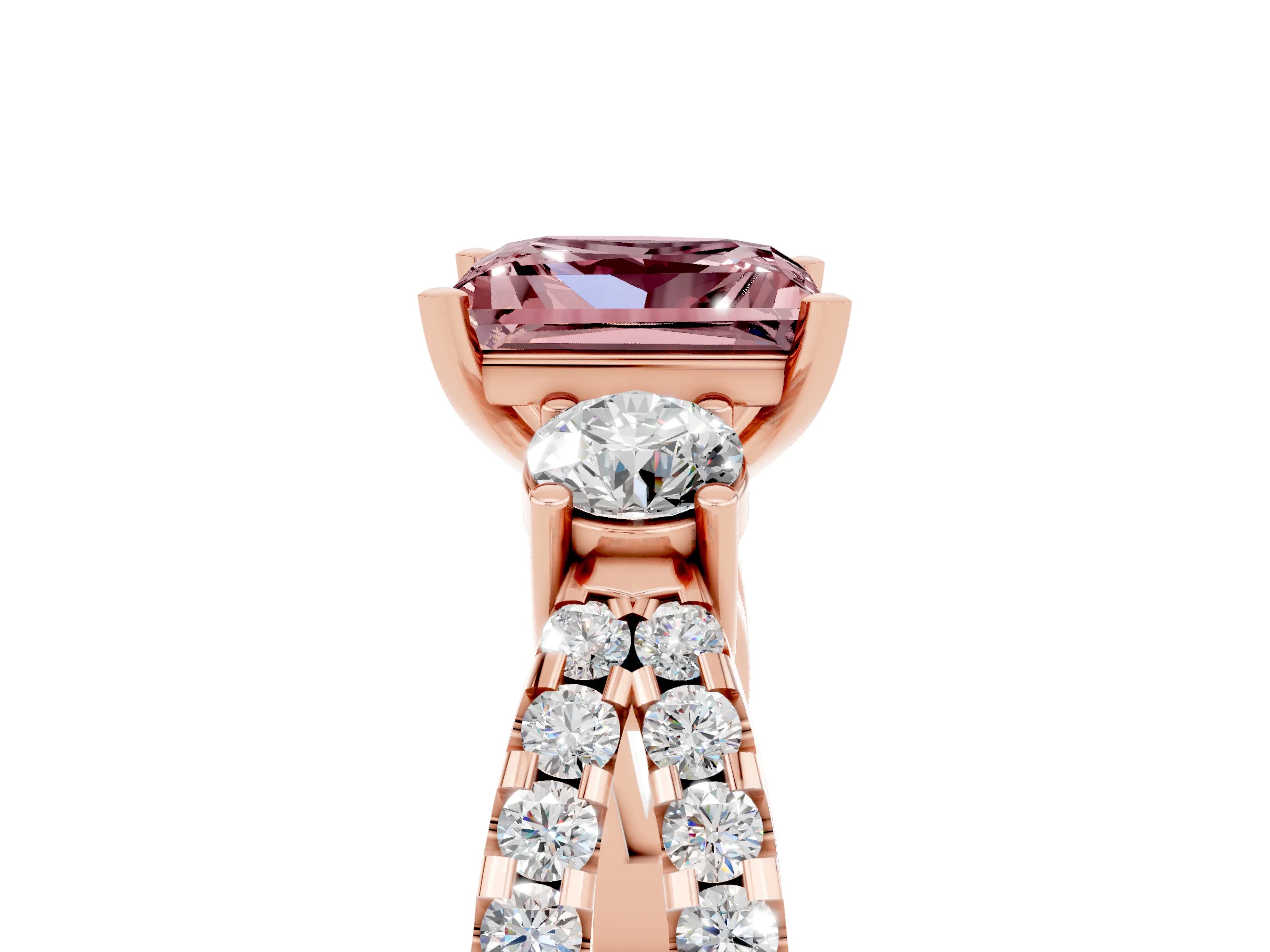 Rose gold Princess Cut Morganite Three-Stone Ring with Pavé Split Shank and Four-Prong Setting_5