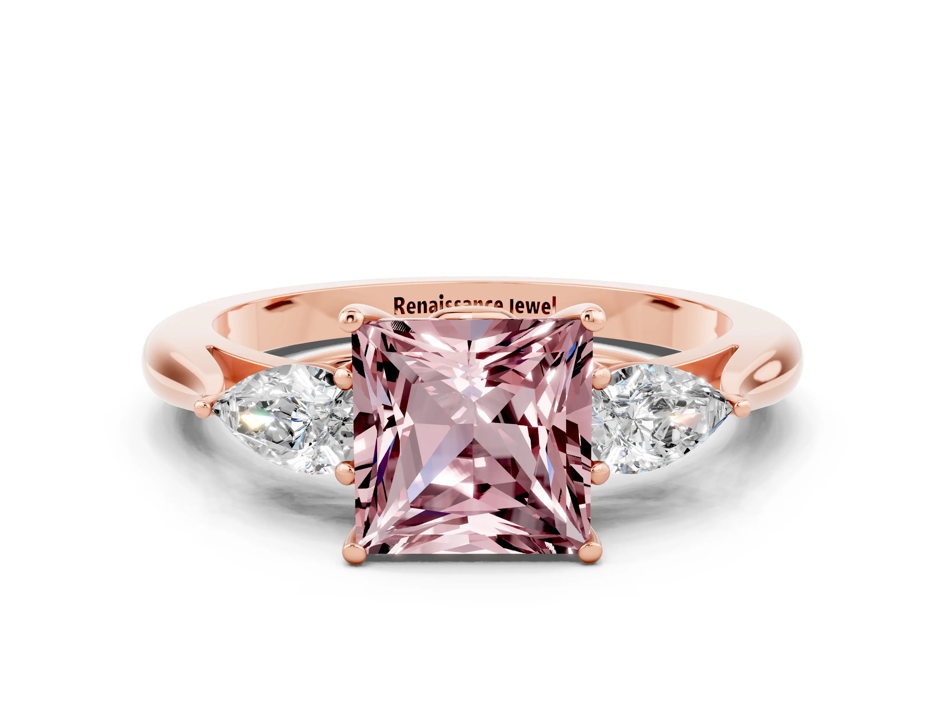 Rose gold Princess Cut Morganite Three-Stone Ring with Pear Side Stones and Four-Prong Setting_12
