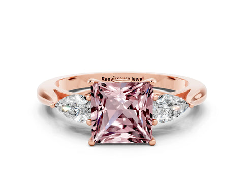 Rose gold Princess Cut Morganite Three-Stone Ring with Pear Side Stones and Four-Prong Setting_12