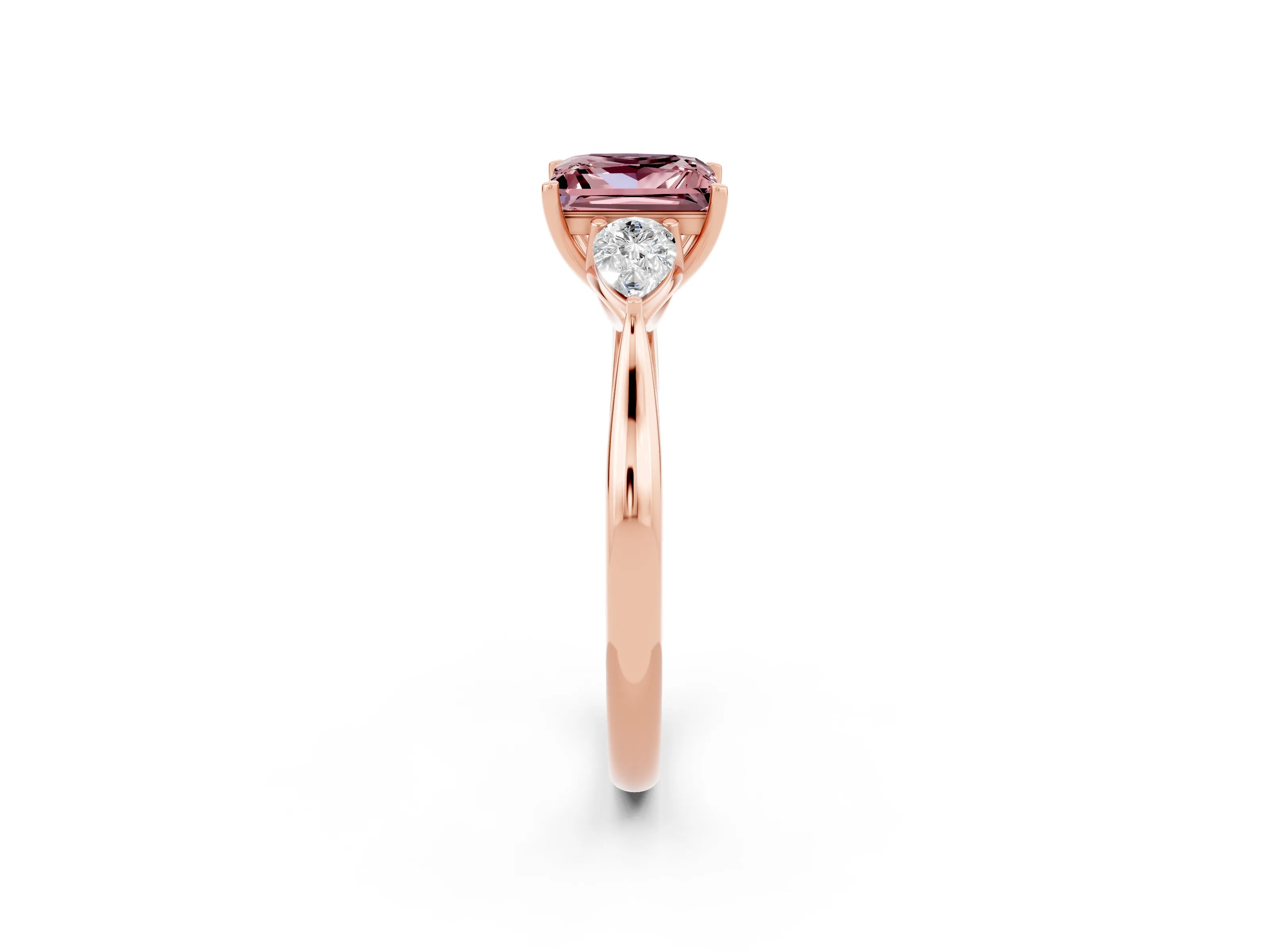 Rose gold Princess Cut Morganite Three-Stone Ring with Pear Side Stones and Four-Prong Setting_14