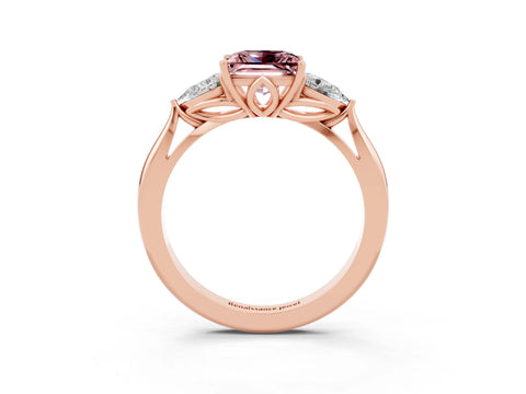 Rose gold Princess Cut Morganite Three-Stone Ring with Pear Side Stones and Four-Prong Setting_15