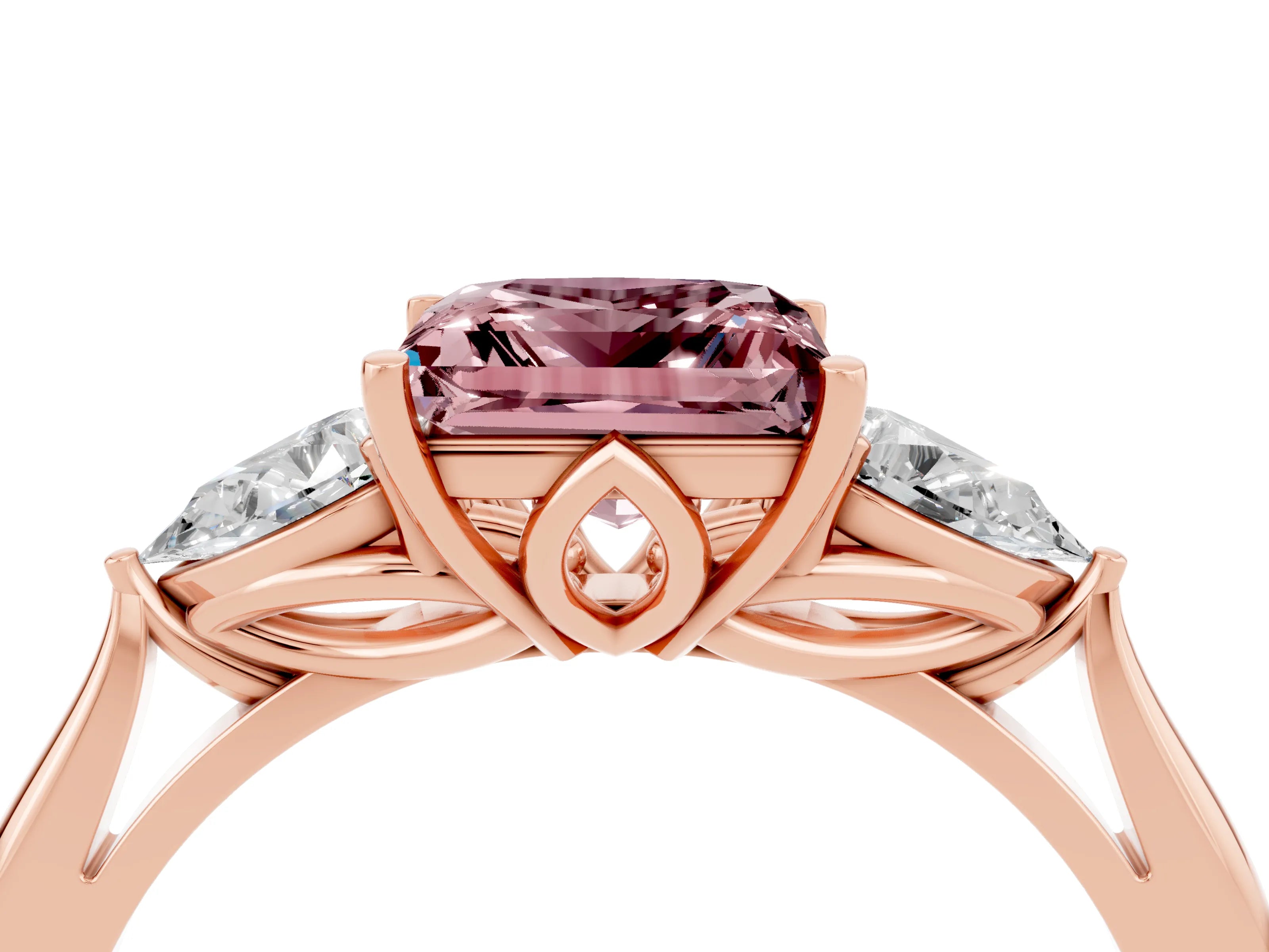 Rose gold Princess Cut Morganite Three-Stone Ring with Pear Side Stones and Four-Prong Setting_16