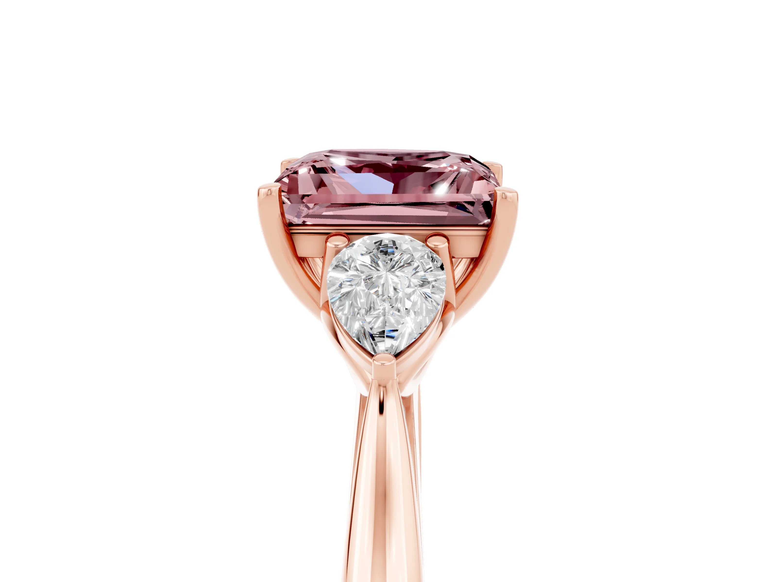 Rose gold Princess Cut Morganite Three-Stone Ring with Pear Side Stones and Four-Prong Setting_17