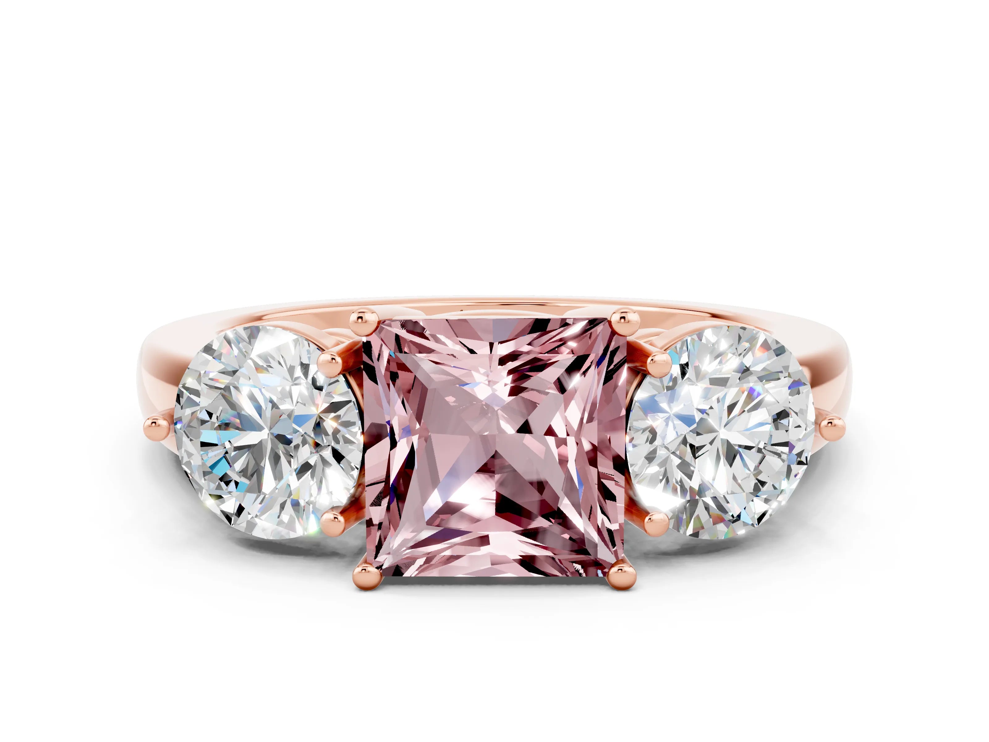 Rose gold Princess Cut Morganite Three-Stone Ring with Prong Setting and Classic Band