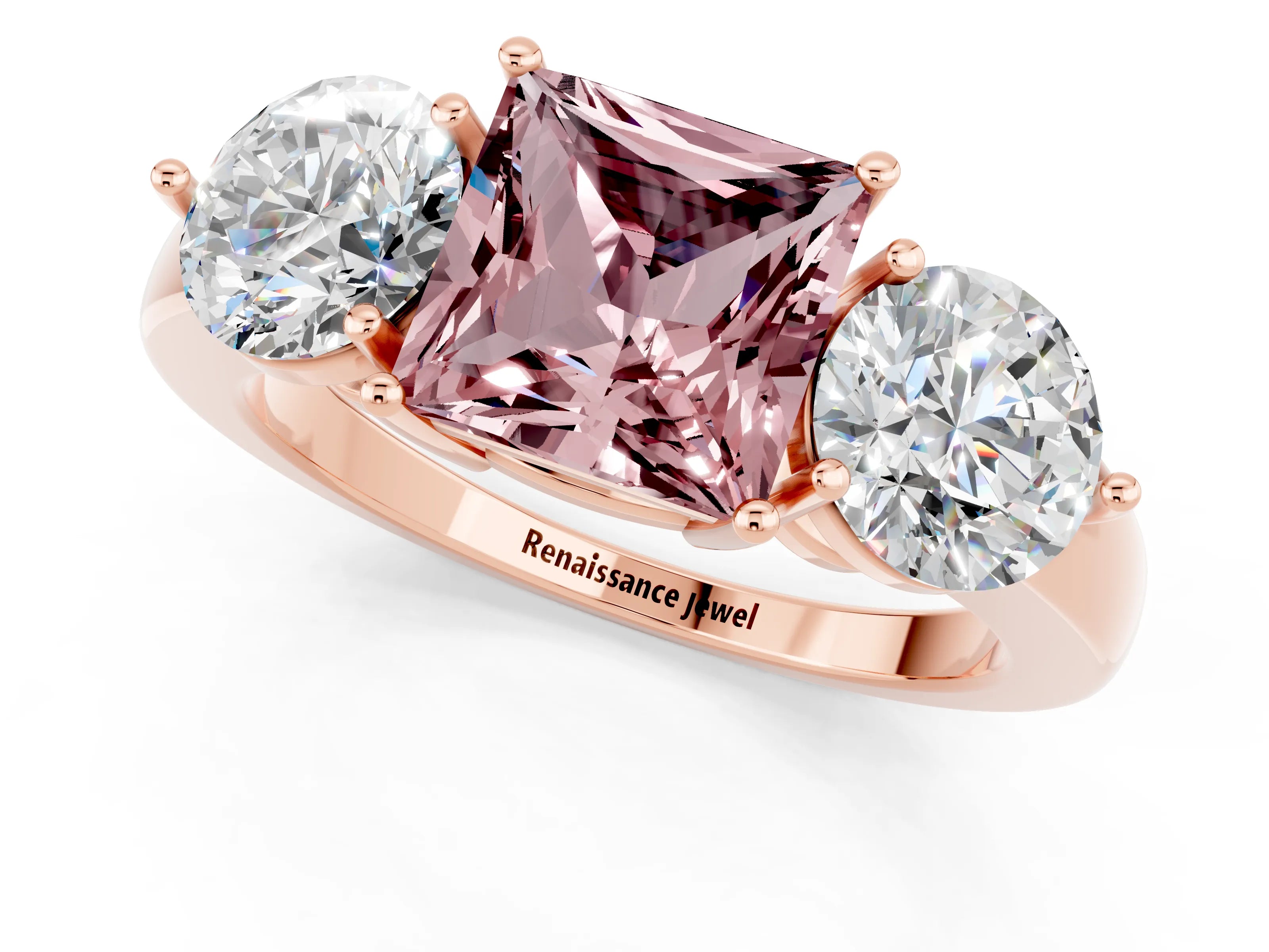 Rose gold Princess Cut Morganite Three-Stone Ring with Prong Setting and Classic Band_1