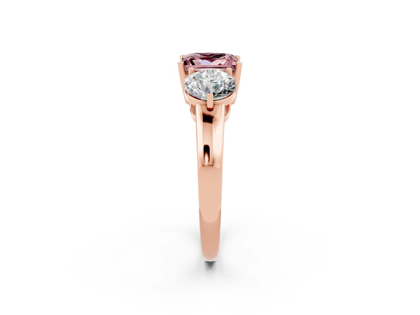 Rose gold Princess Cut Morganite Three-Stone Ring with Prong Setting and Classic Band