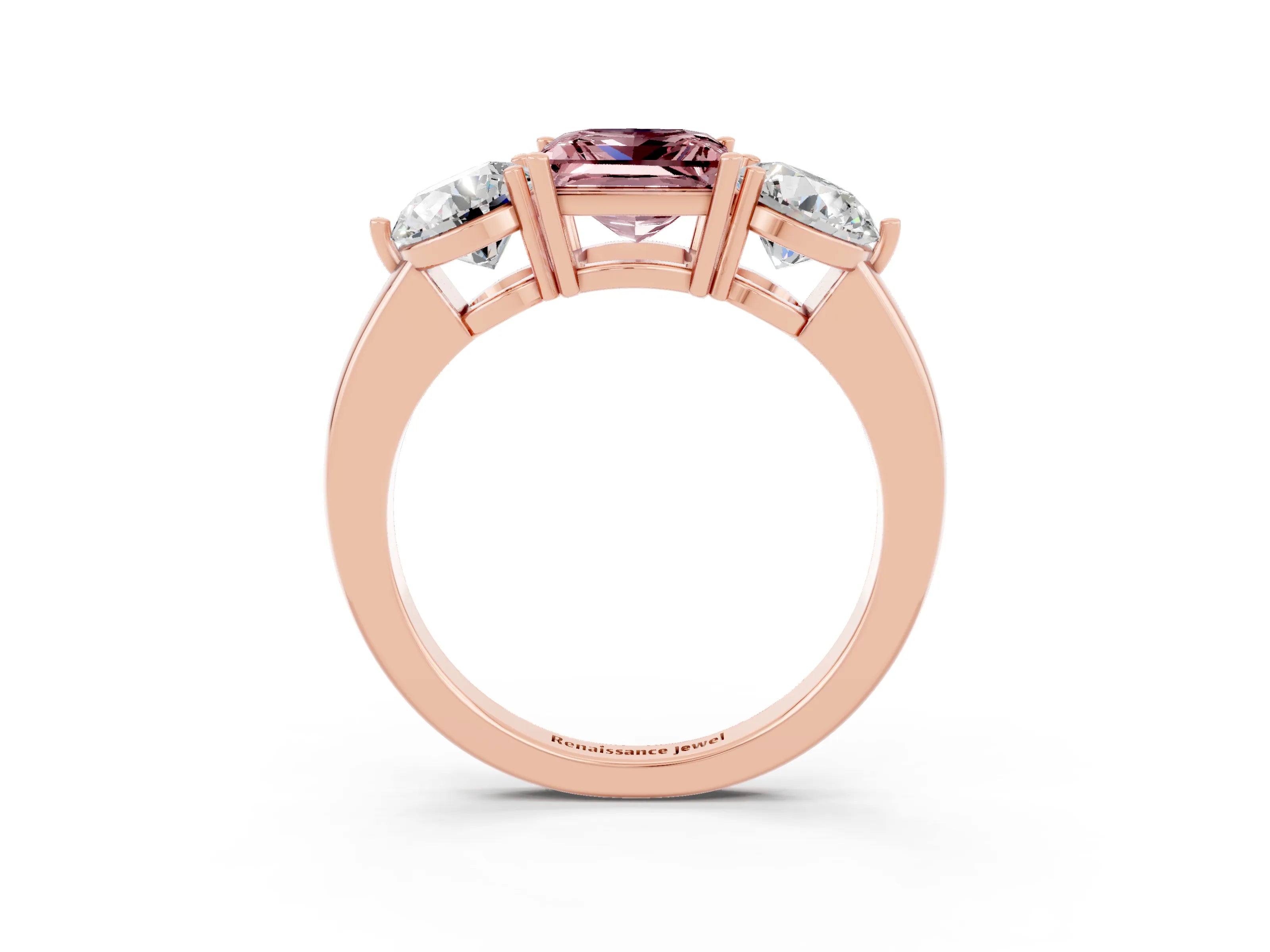 Rose gold Princess Cut Morganite Three-Stone Ring with Prong Setting and Classic Band_3