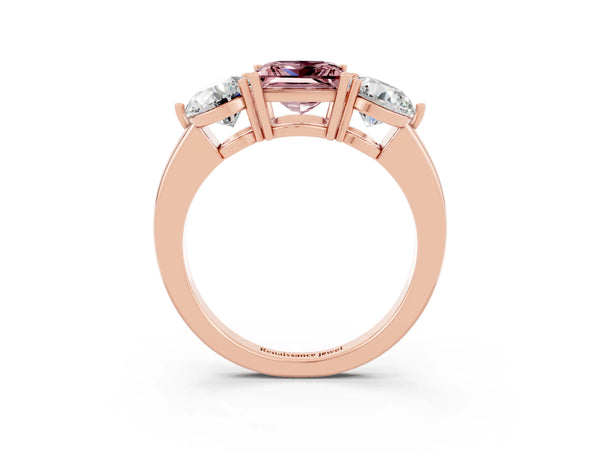 Rose gold Princess Cut Morganite Three-Stone Ring with Prong Setting and Classic Band